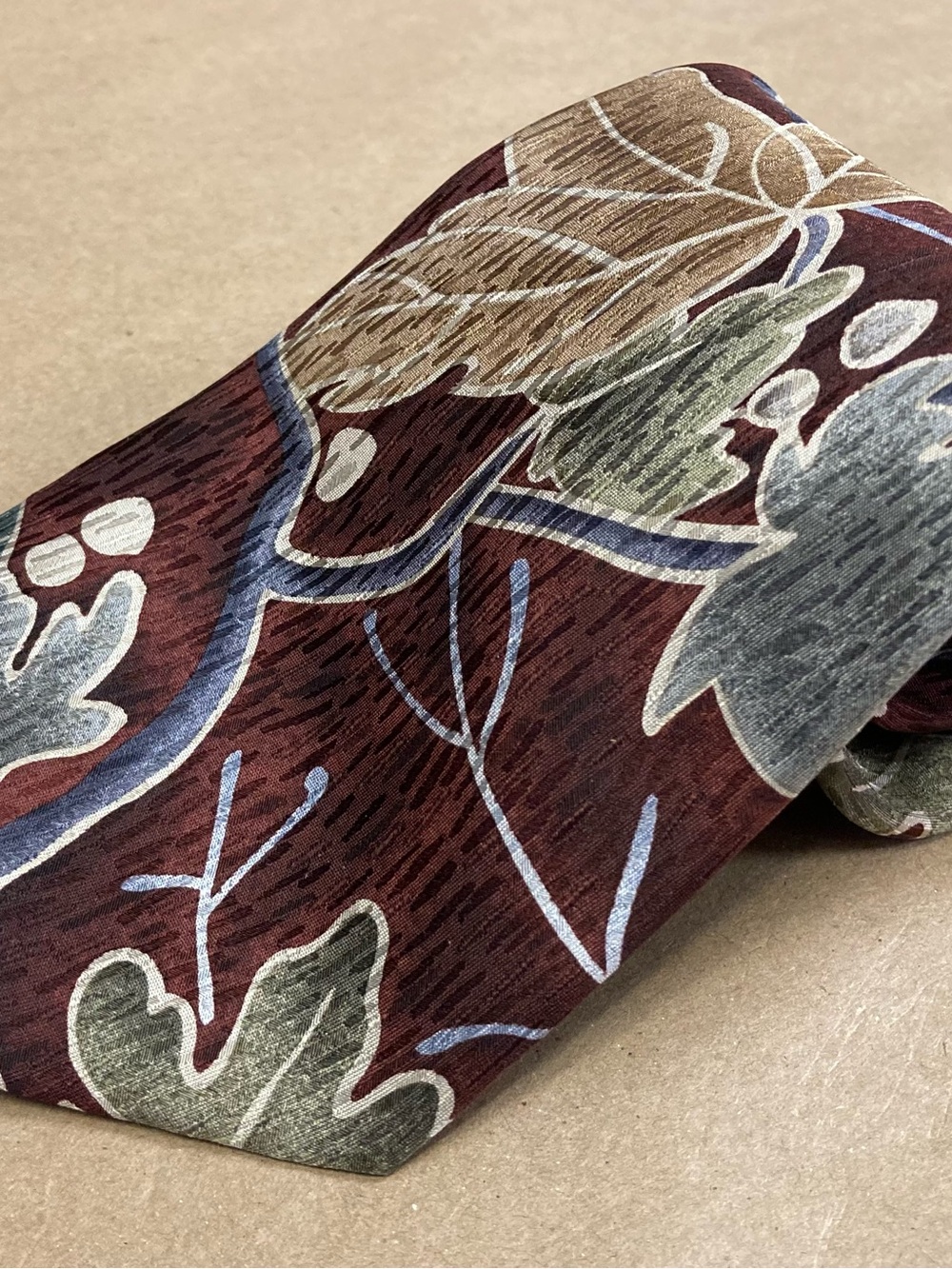 Stonehenge Abstract Botanical Silk Tie Burgundy Gray Tan Handmade Vintage Style